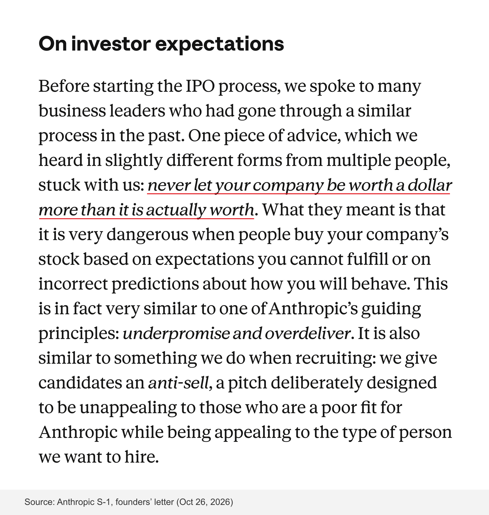 Anthropic's founders' letter in the S-1: "never let your company be worth a dollar more than it is actually worth"